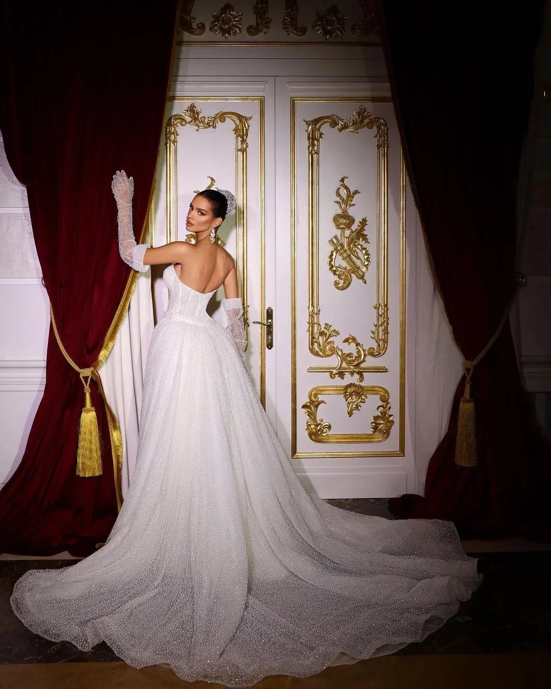Luxurious Long Ivory V-neck Mermaid Sleeveless Sequined Beading Wedding Dress With Detachable Train by misshow.com