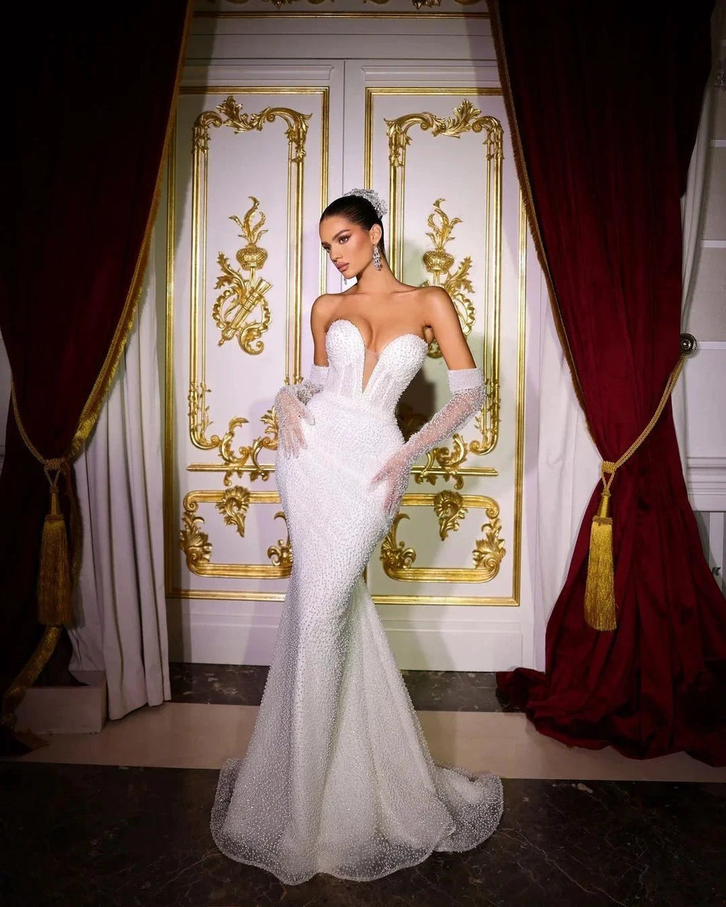 Luxurious Long Ivory V-neck Mermaid Sleeveless Sequined Beading Wedding Dress With Detachable Train by misshow.com