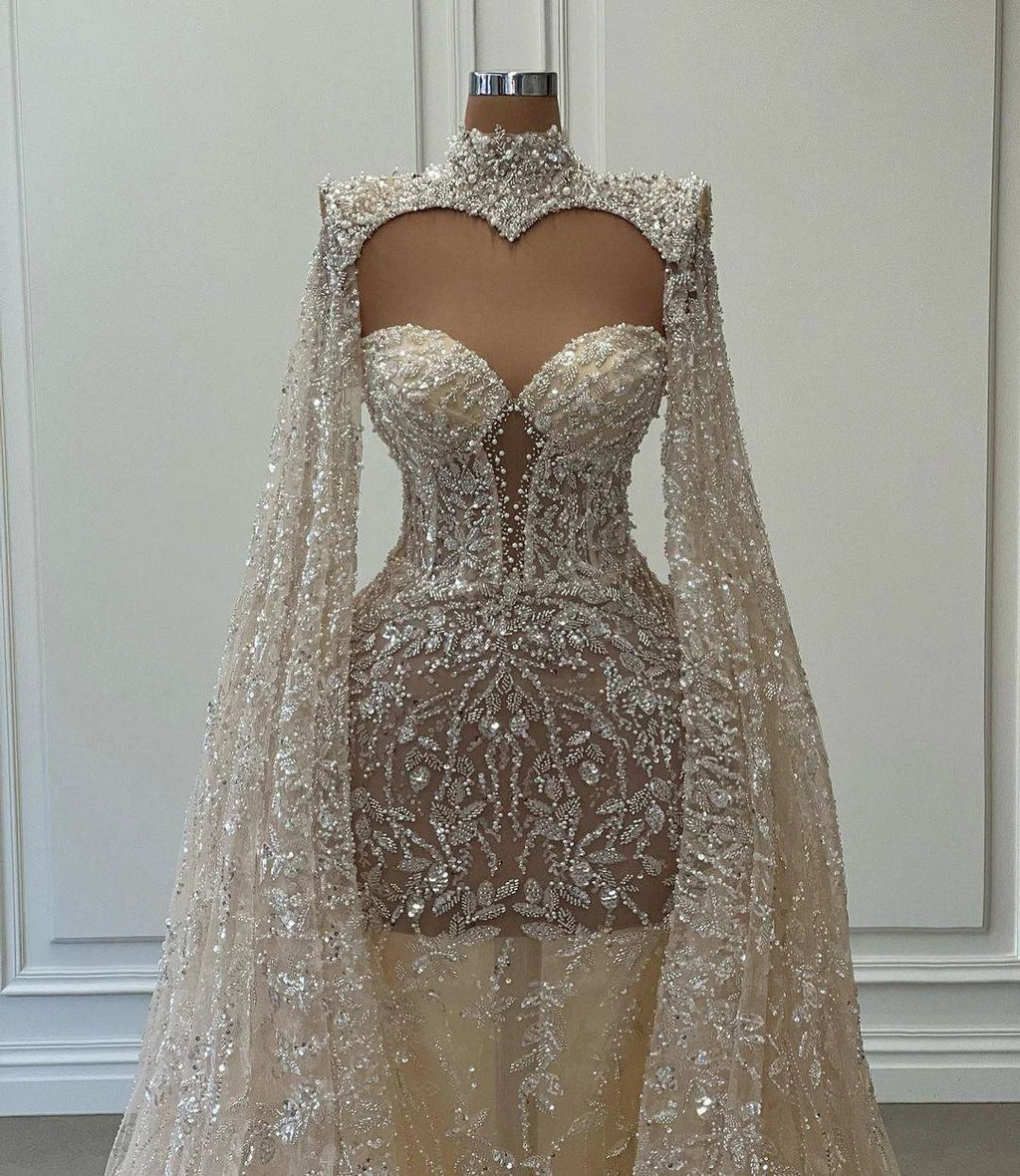 Luxurious Long Mermaid High Neck Glitter Lace Prom Dress With Sleeves by misshow.com