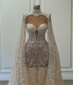 Luxurious Long Mermaid High Neck Glitter Lace Prom Dress With Sleeves by misshow.com