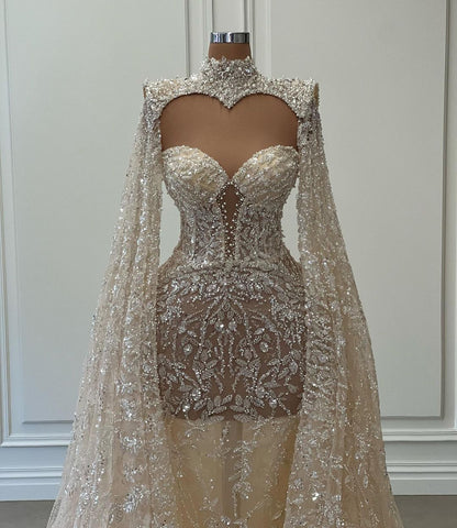 Luxurious Long Mermaid High Neck Glitter Lace Prom Dress With Sleeves