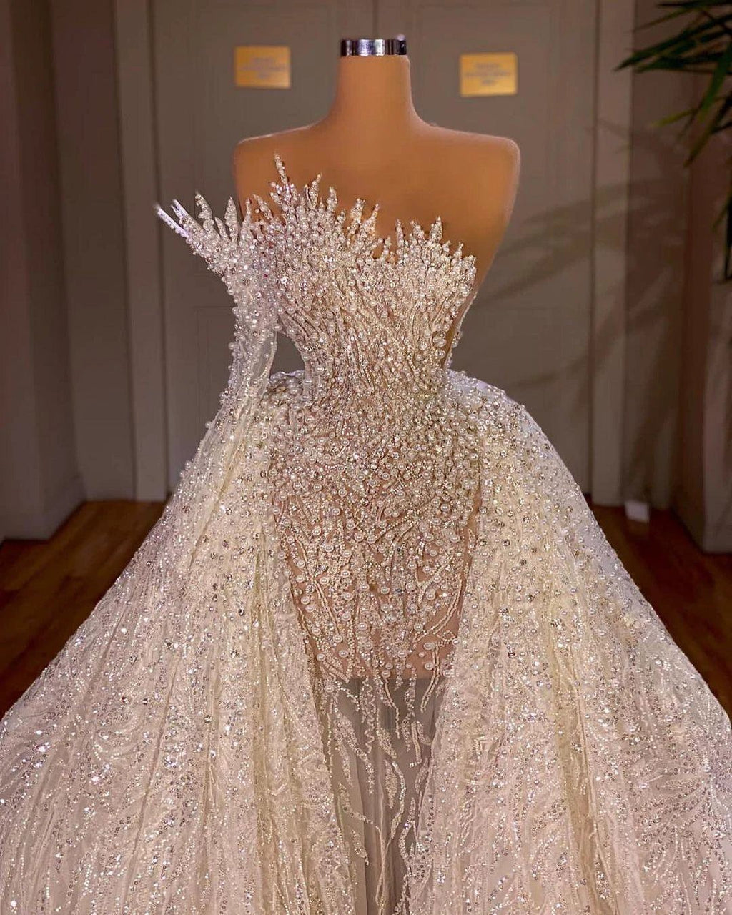 Luxurious Long White A-line Beading One Shoulder Wedding Dress With Sleeve by misshow.com