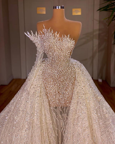 Luxurious Long White A-line Beading One Shoulder Wedding Dress With Sleeve