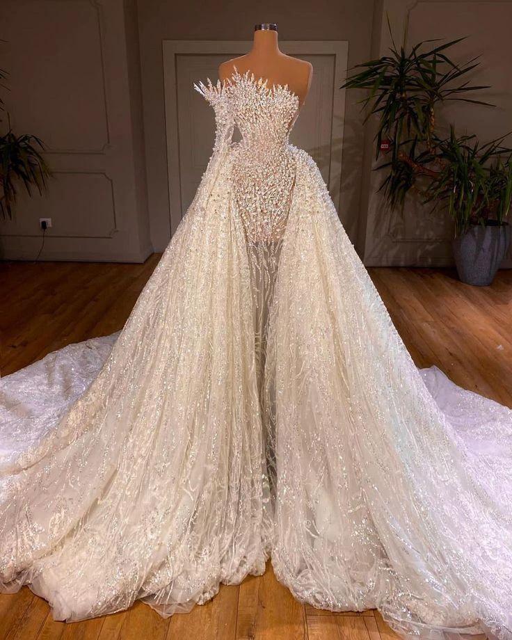 Luxurious Long White A-line Beading One Shoulder Wedding Dress With Sleeve by misshow.com