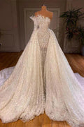 Luxurious Long White A-line Beading One Shoulder Wedding Dress With Sleeve by misshow.com
