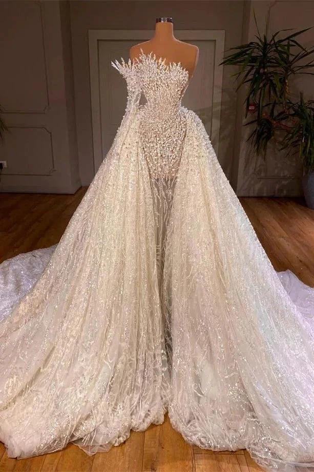 Luxurious Long White A-line Beading One Shoulder Wedding Dress With Sleeve by misshow.com