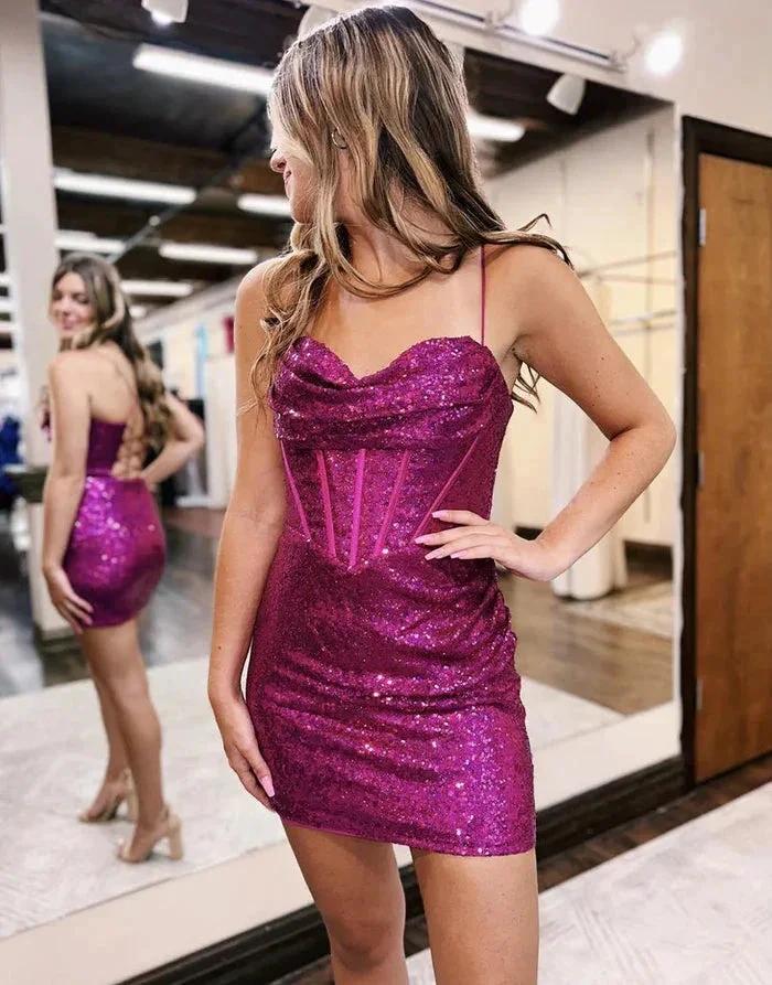 Luxurious Short Column Spaghetti Straps Sweetheart Sleeveless Sequined Satin Openback Homecoming Dress by misshow.com