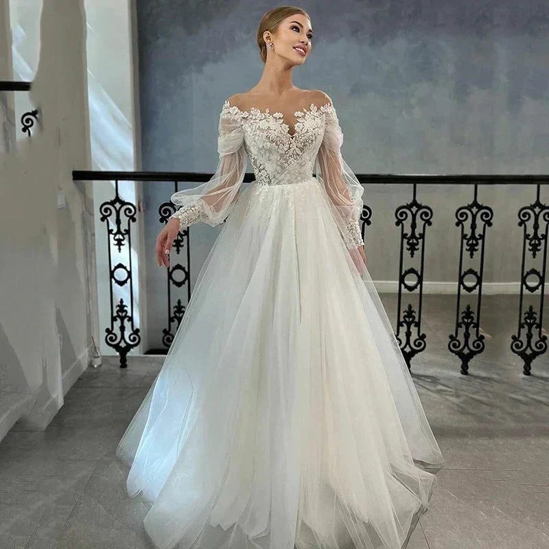 Luxurious White Bridal Gown Tulle with Applique Lace O-Neck A-Line Floor-Length Wedding Dress for Women vestidos de novia by payinti