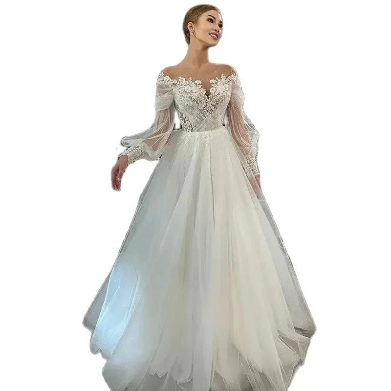 Luxurious White Bridal Gown Tulle with Applique Lace O-Neck A-Line Floor-Length Wedding Dress for Women vestidos de novia by payinti
