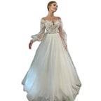 Luxurious White Bridal Gown Tulle with Applique Lace O-Neck A-Line Floor-Length Wedding Dress for Women vestidos de novia by payinti