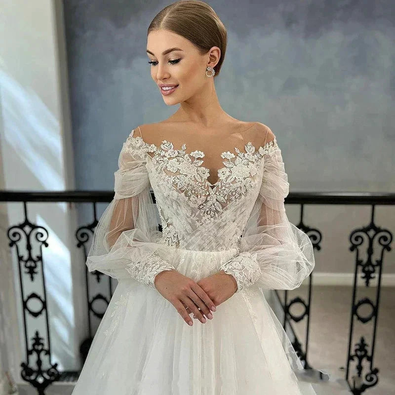 Luxurious White Bridal Gown Tulle with Applique Lace O-Neck A-Line Floor-Length Wedding Dress for Women vestidos de novia by payinti