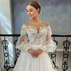 Luxurious White Bridal Gown Tulle with Applique Lace O-Neck A-Line Floor-Length Wedding Dress for Women vestidos de novia by payinti
