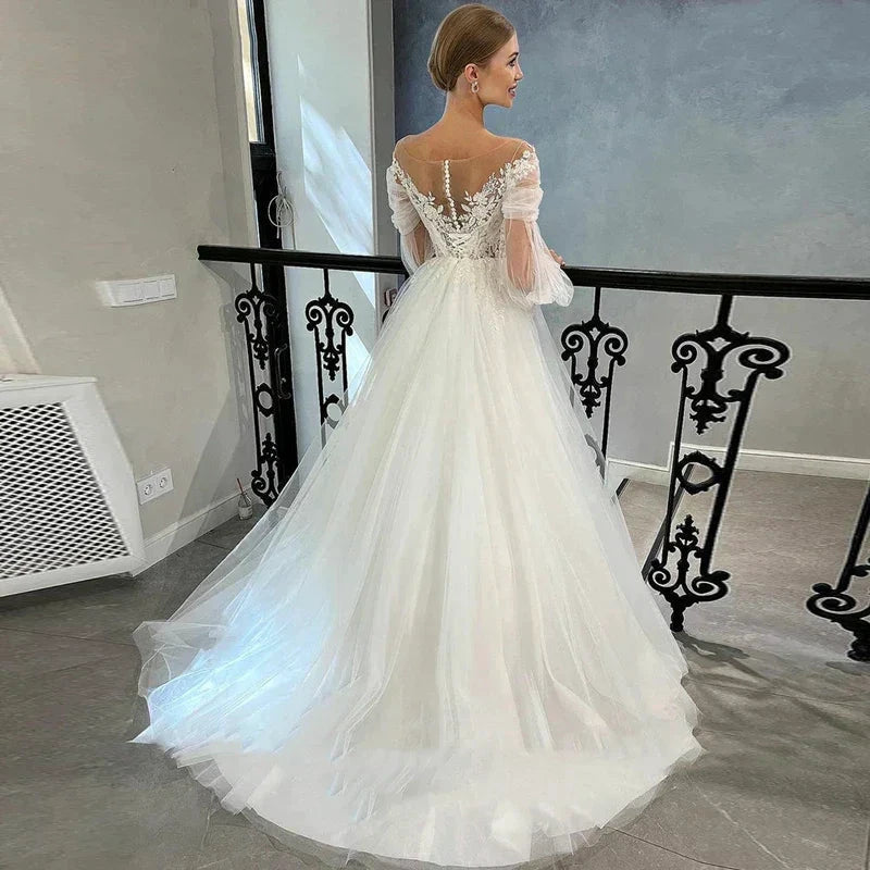 Luxurious White Bridal Gown Tulle with Applique Lace O-Neck A-Line Floor-Length Wedding Dress for Women vestidos de novia by payinti