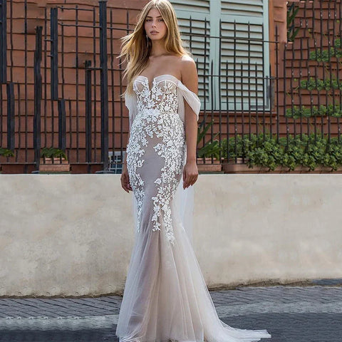 Luxury Applique Wedding Dress Women's Vestido De Noiva Plus Size Lace Mermaid Bridal Gownes Sexy Off Shoulder Sweetheart Seaside