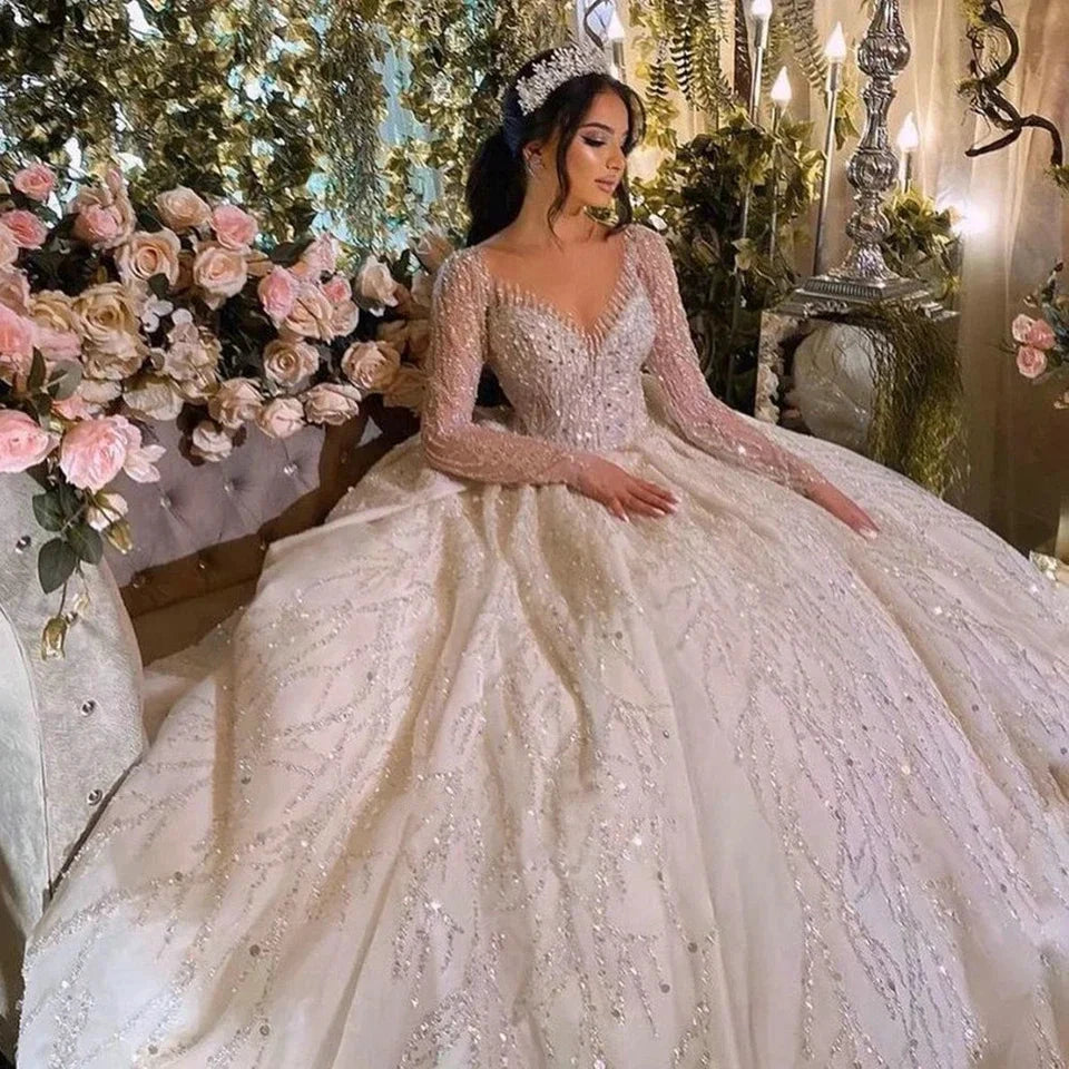 Luxury Ball Gown Illusion Long Sleeves Wedding Dresses 2023 Scoop Neck Glitter Sequined Beading Bride Gowns Vestidos De Noiva by payinti