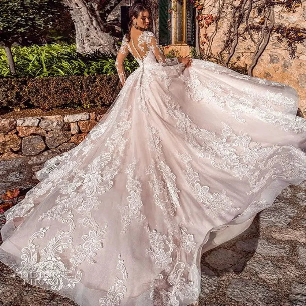 Luxury Ball Gown Vestidos De Novia Appliques Vestido De Noiva Long Sleeve Wedding Dresses Lace Robe De Mariée by payinti