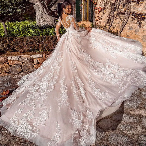 Luxury Ball Gown Vestidos De Novia Appliques Vestido De Noiva Long Sleeve Wedding Dresses Lace Robe De Mariée
