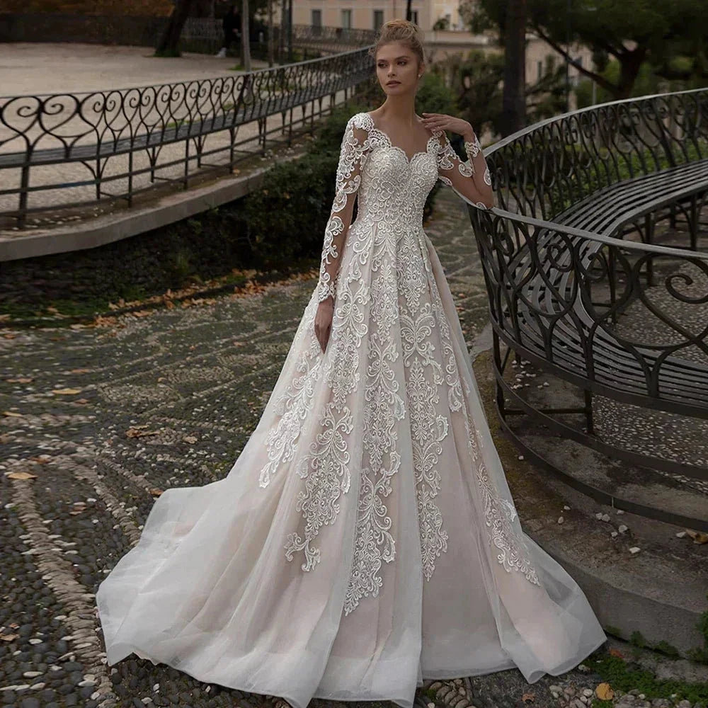 Luxury Lace Applique Wedding Dresses Long Sleeve Women&