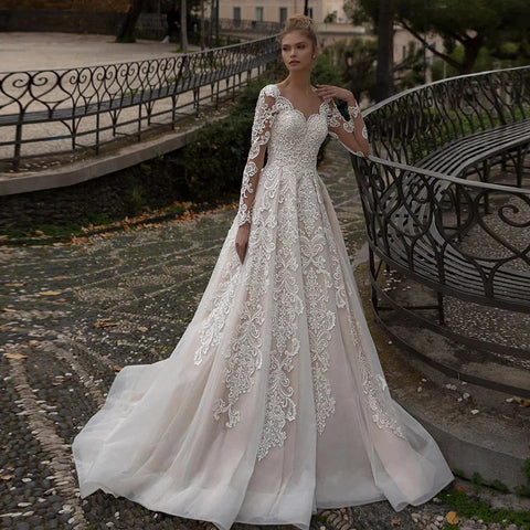 Luxury Lace Applique Wedding Dresses Long Sleeve Women's Elegant Muslim Sweetheart Fine Champagne Bridal Gowns Trailing Dress De