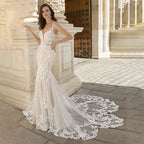 Luxury Mermaid Wedding Dress For Women Lace Appliques V-neck Spaghetti Straps Vestido De Novia Backless Bridal Gown Court Train by payinti