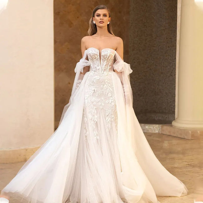 Luxury Mermaid Wedding Dresses  Thick Staps Detachable Train 2 In 1 Lace Applique Wedding Gowns Tailor-Made Hover Image