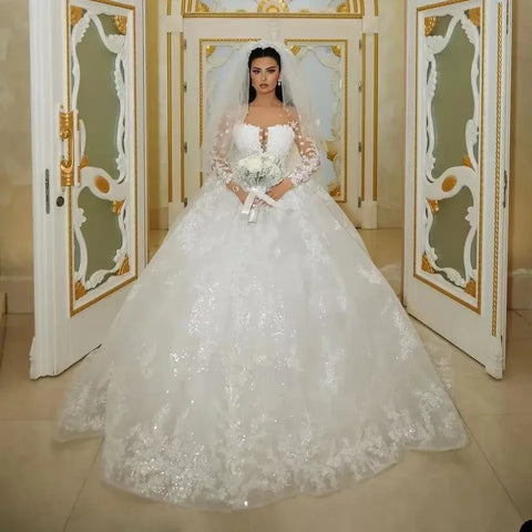 Luxury Sparkly Wedding Dresses 2024 Sheer Neck Glitter Sequins Long Sleeves Lace Applique Elegant Bridal Gowns Vestido De Novia