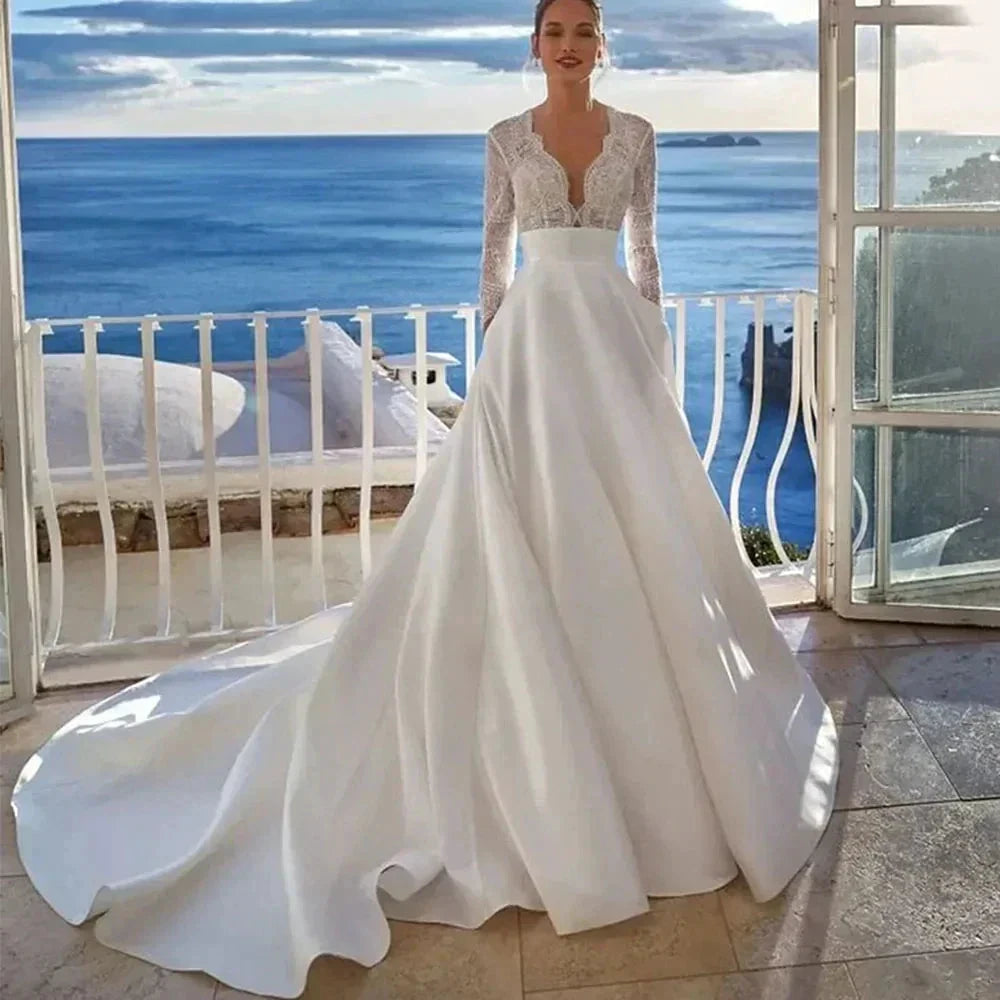 Luxury Wedding Dress For Women 2024 Modern V-neck Full Sleeves Illusion Tulle Bridal Gown A-Line Button Backless Robe De Mariée by payinti