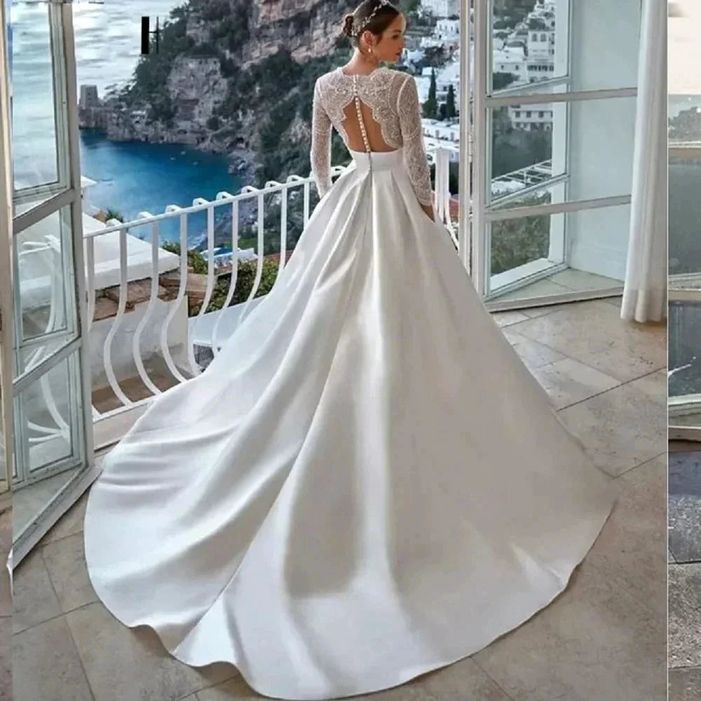 Luxury Wedding Dress For Women 2024 Modern V-neck Full Sleeves Illusion Tulle Bridal Gown A-Line Button Backless Robe De Mariée by payinti