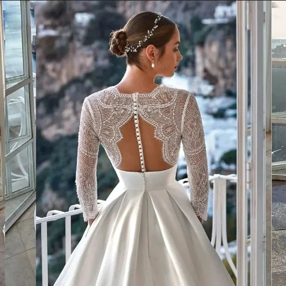 Luxury Wedding Dress For Women 2024 Modern V-neck Full Sleeves Illusion Tulle Bridal Gown A-Line Button Backless Robe De Mariée by payinti