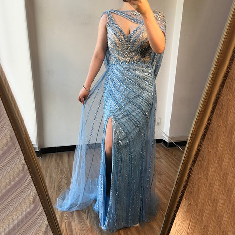 Luxury Champagne Split Diamond Beaded Sleeveless Evening Dress LA70301