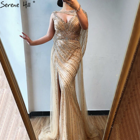 Luxury Champagne Split Diamond Beaded Sleeveless Evening Dress LA70301