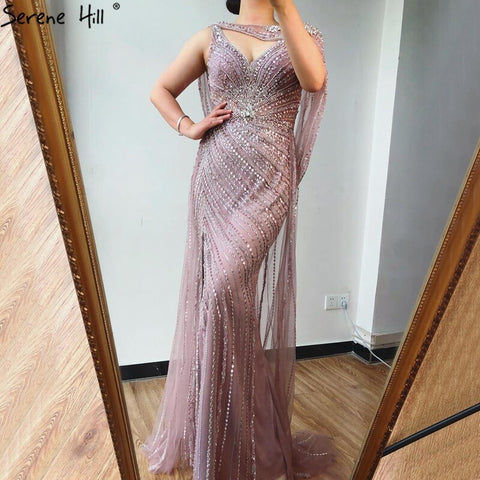 Luxury Champagne Split Diamond Beaded Sleeveless Evening Dress LA70301