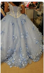 Light Blue Long Dress Cute 3D Applique Off Shoulder Ball Gown Princess Dress Y260 by simplepromdress