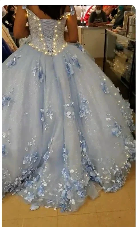 Light Blue Long Dress Cute 3D Applique Off Shoulder Ball Gown Princess Dress Y260 by simplepromdress