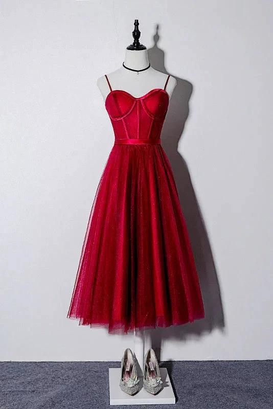 Vintage Spaghetti Straps Lace Up Burgundy Tea Length Homecoming Dresses Prom Dresses by Ombreprom