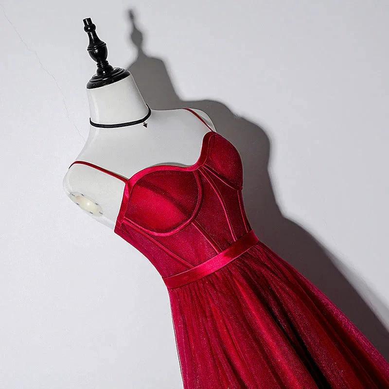 Vintage Spaghetti Straps Lace Up Burgundy Tea Length Homecoming Dresses Prom Dresses by Ombreprom