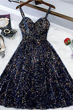 Glitter Spaghetti Straps Cute Short Prom Dresseses Tight Tea Length Homecoming Dresses by Ombreprom