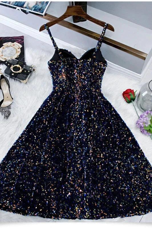 Glitter Spaghetti Straps Cute Short Prom Dresseses Tight Tea Length Homecoming Dresses by Ombreprom