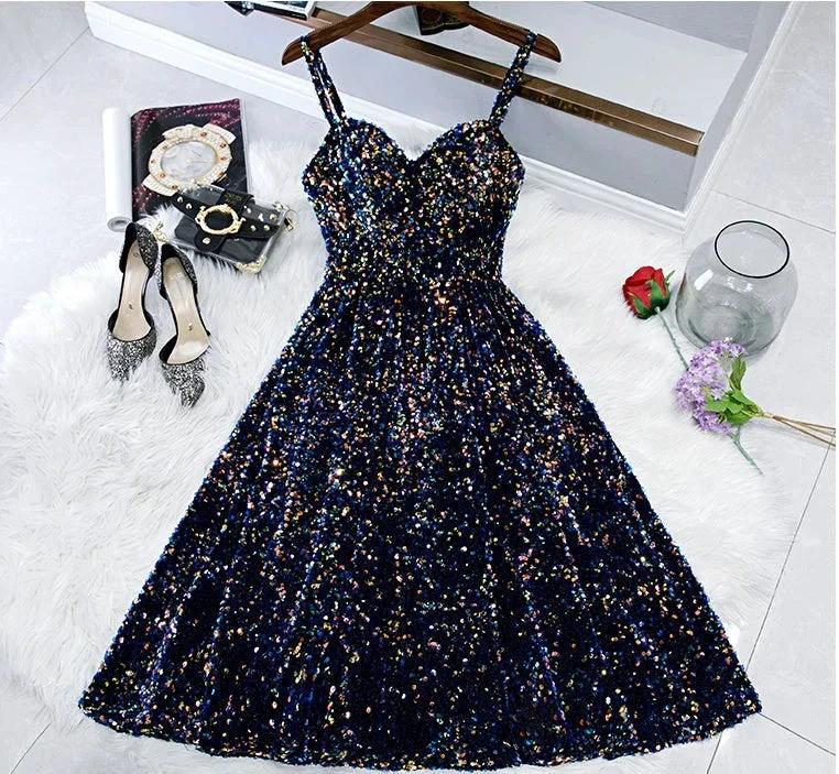 Glitter Spaghetti Straps Cute Short Prom Dresseses Tight Tea Length Homecoming Dresses by Ombreprom