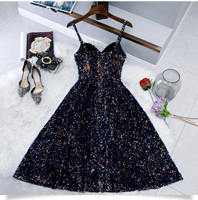 Glitter Spaghetti Straps Cute Short Prom Dresseses Tight Tea Length Homecoming Dresses by Ombreprom