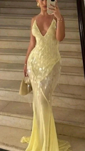 Fashion V Neck Mermaid Evening Dress Yellow Chiffon Sequins Prom Dress Y7892 by simplepromdress