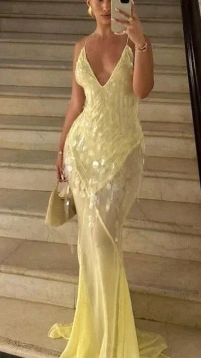 Fashion V Neck Mermaid Evening Dress Yellow Chiffon Sequins Prom Dress Y7892 by simplepromdress