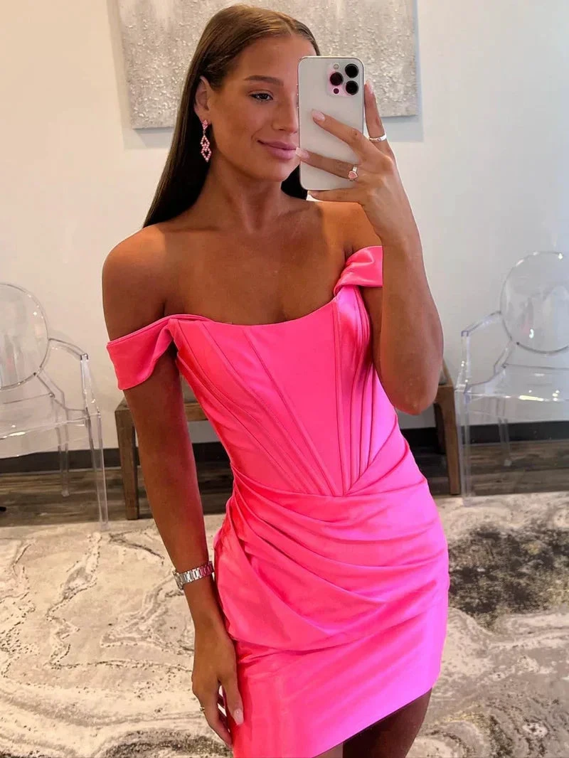 Sheath Off the Shoulder Short Satin Homecoming Dress Y2966 by simplepromdress