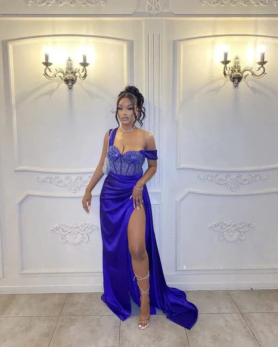 Elegant Blue Sheath Evening Dress With Split Blue Formal Gown Y6426 by simplepromdress