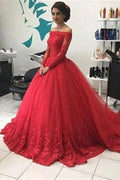 Red Off Shoulder Lace Tulle Long Sleeves Prom Dress Ball Gown Wedding Dresses, MP351 by musebridals