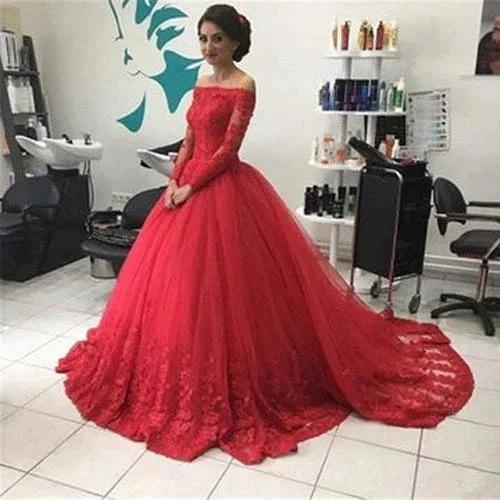 Red Off Shoulder Lace Tulle Long Sleeves Prom Dress Ball Gown Wedding Dresses, MP351 by musebridals