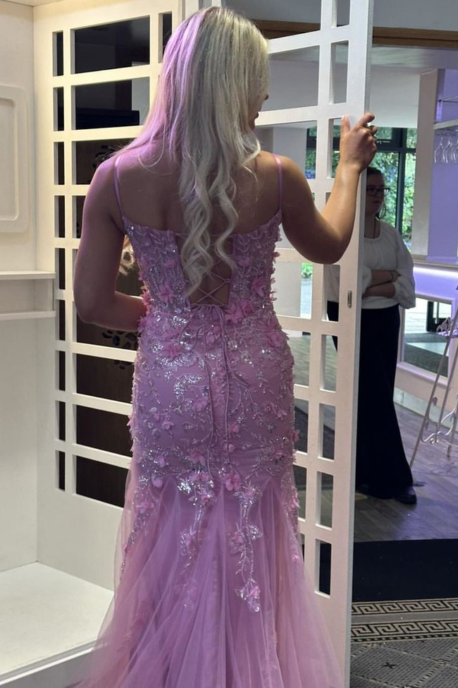 Beautiful Pink Spaghetti Straps Tulle Lace Appliques Mermaid Evening Dress Long Prom Dress Y7851 Main Image