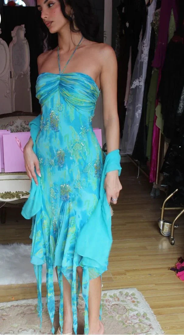 Unique Halter Chiffon Print Sequins Mid Prom Evening Dress Y8345 by simplepromdress