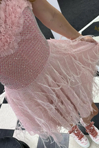 Sweetheart Pink Grid Short Homecoming Dress with Feathers Y2508 by simplepromdress