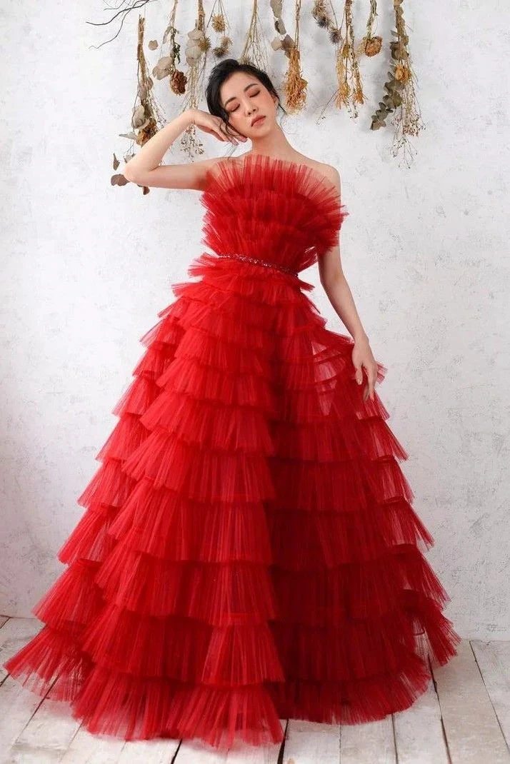 Red Tulle Long A line Ball Gown,Red Evening Dress Y3067 by simplepromdress